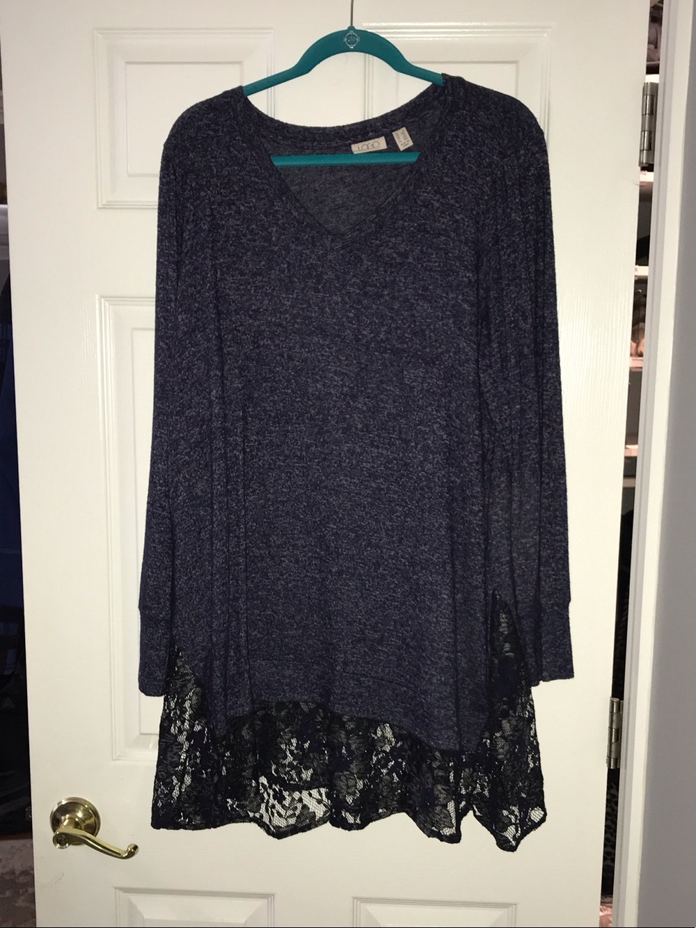 LOGO by Lori Goldstein navy V-neck tunic with black lace hem